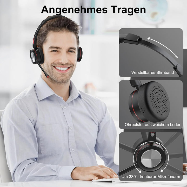 Bluetooth Headset mit Mikrofon für PC, Wireless Headset mit USB Adapter & Ladestation, 40 Stunden Sp