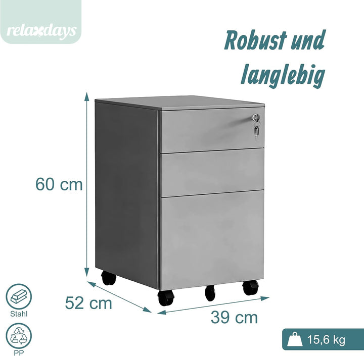 Relaxdays Rollcontainer, 3 Schubladen, HxBxT: 60 x 39 x 52 cm, abschliessbar, Aktenschrank auf Rolle