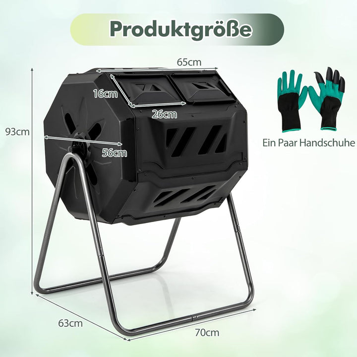 GOPLUS Trommelkomposter, 160L Tumbling Komposter mit 2 Kammern, 2 Schiebetüren, Metallrahmen & 16 Lü