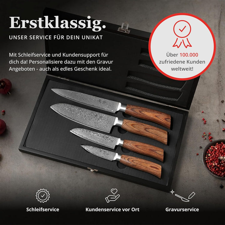 Wakoli EDIB Pro Premium 4er Damastmesser-Set mit Messerblock I 8-17 cm Klingen gefertigt aus 67 Lage