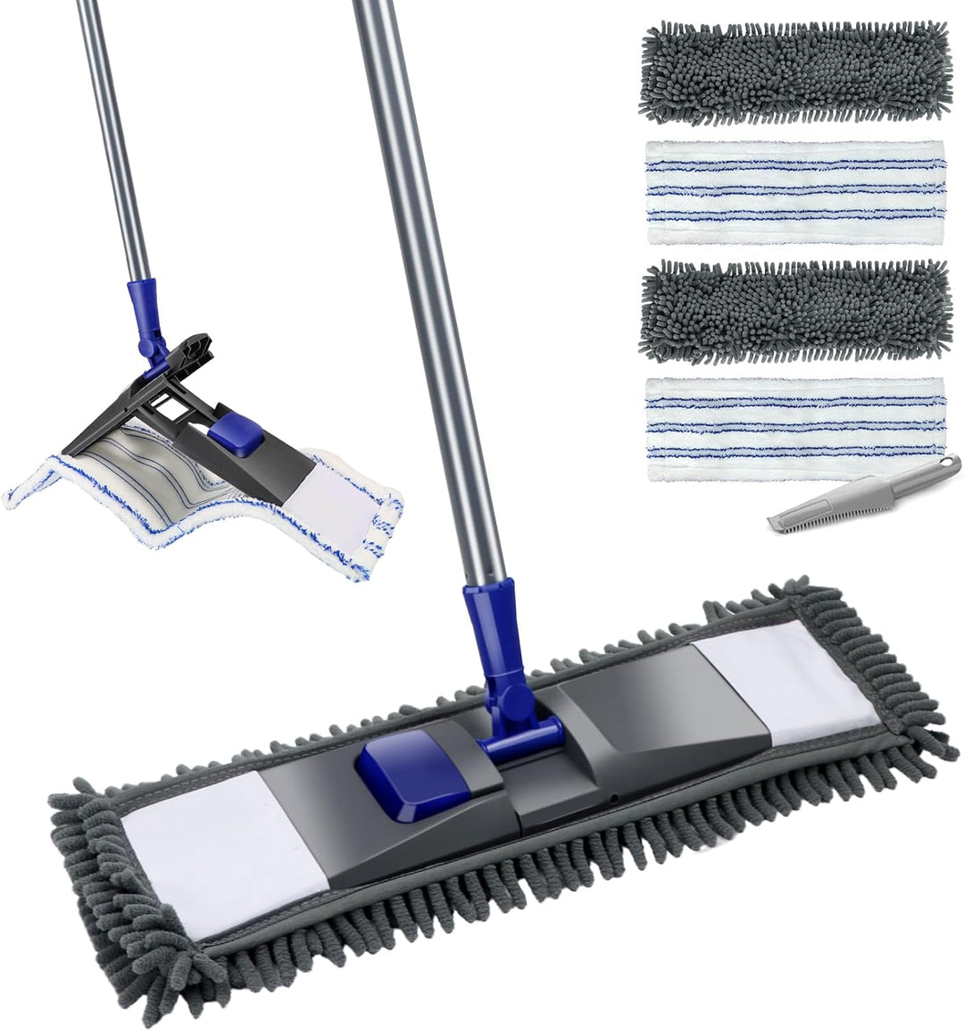 MASTERTOP Flach Mopp,128cm Mikrofaser Bodenwischer mit 4 Ersatzkopf, Chenille Wischmopp mit Schaber,