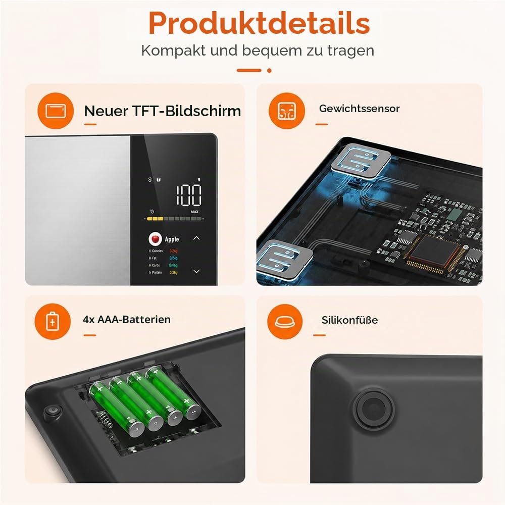 Küchenwaage Digital, SGZIOO Food Scale, Lebensmittelwaage mit TFT Farbdisplay Kalorienrechner Kosten