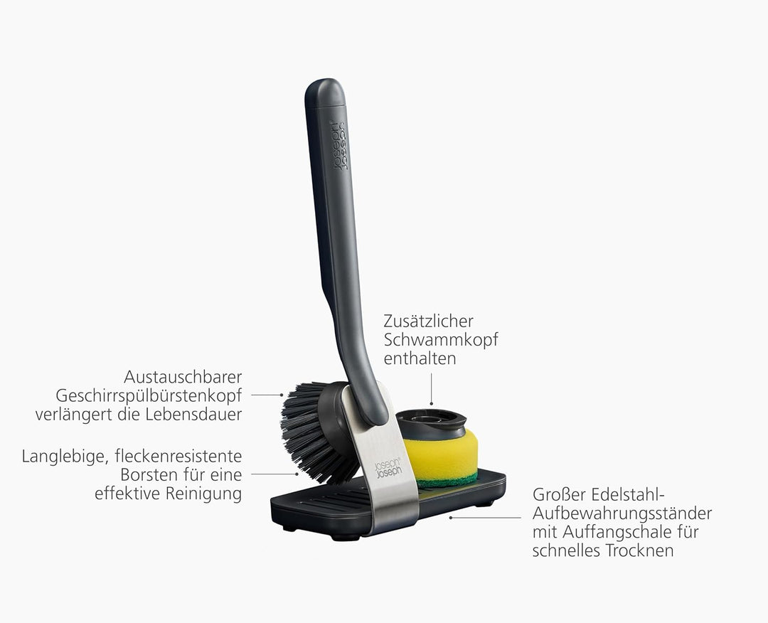 Joseph Joseph SinkTech Spülbürsten- und Schwamm-Set mit grossem Edelstahl-Aufbewahrungsständer, Lang