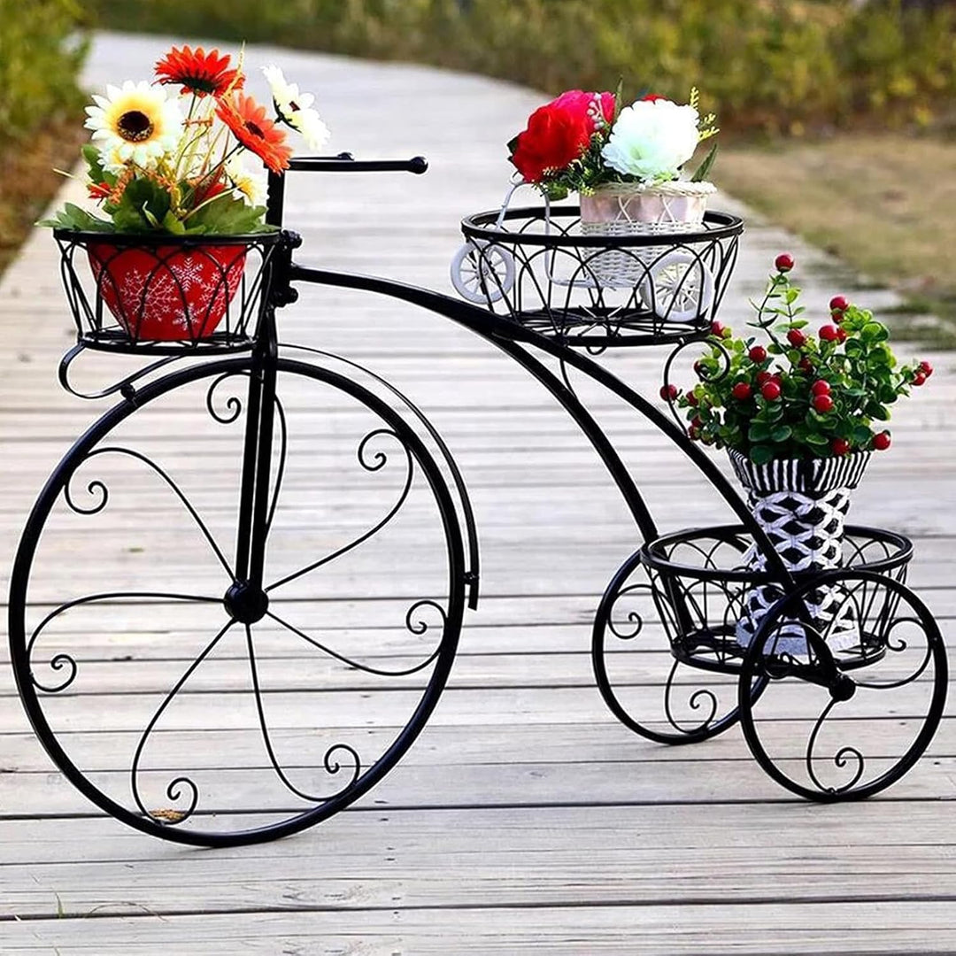 Fahrrad Pflanzenständer Metall Blumenregal mit 3 Körben | Dreirad Pflanzgefäss Dekoration Blumenrad