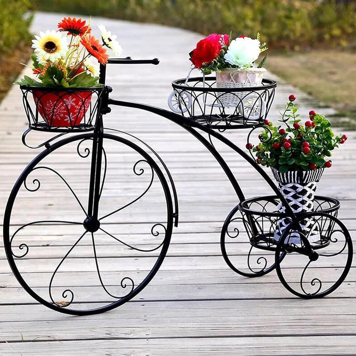 Fahrrad Pflanzenständer Metall Blumenregal mit 3 Körben | Dreirad Pflanzgefäss Dekoration Blumenrad