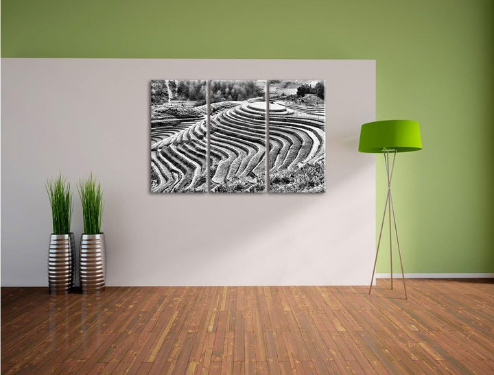 Pixxprint Monocrome, Chinesische Reisplantagen Treppenfelder 3-Teiler Leinwandbild 120x80 Bild auf L