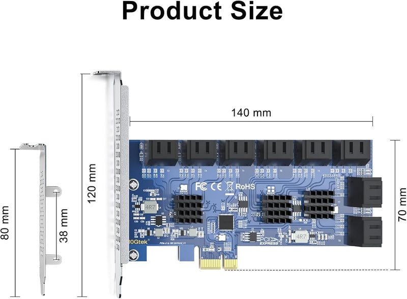 16 Port PCIe SATA Card, SATA3.0 Expansion Card, X1, with 16 SATA Cable, Support SSD and HDD, 16 Port