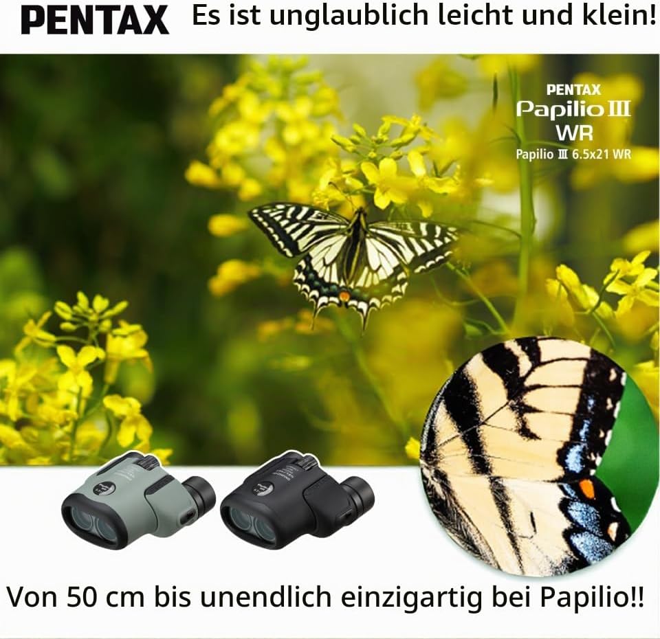 Pentax Papilio III Fernglas, 6,5 x 21, wetterfest, Schwarz, Fokus 50 cm, spritzwassergeschützt, Muse