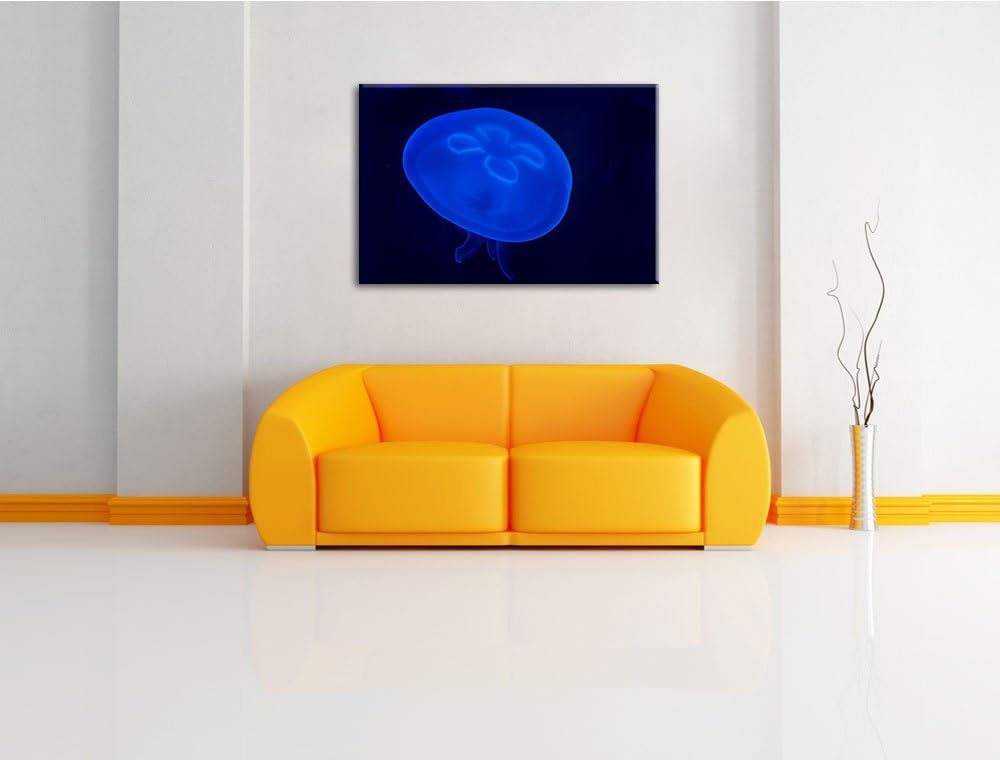 Pixxprint Leuchtend Blaue Qualle auf Leinwand, XXL riesige Bilder fertig gerahmt mit Keilrahmen, Kun