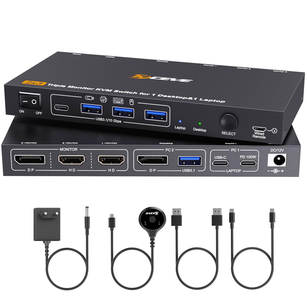 Triple Monitor KVM Switch for 1 Laptop 1 Desktop, USB 3.1 KVM Switch 2 PC 3 Monitore USB C HDMI DP T