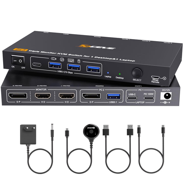 Triple Monitor KVM Switch for 1 Laptop 1 Desktop, USB 3.1 KVM Switch 2 PC 3 Monitore USB C HDMI DP T