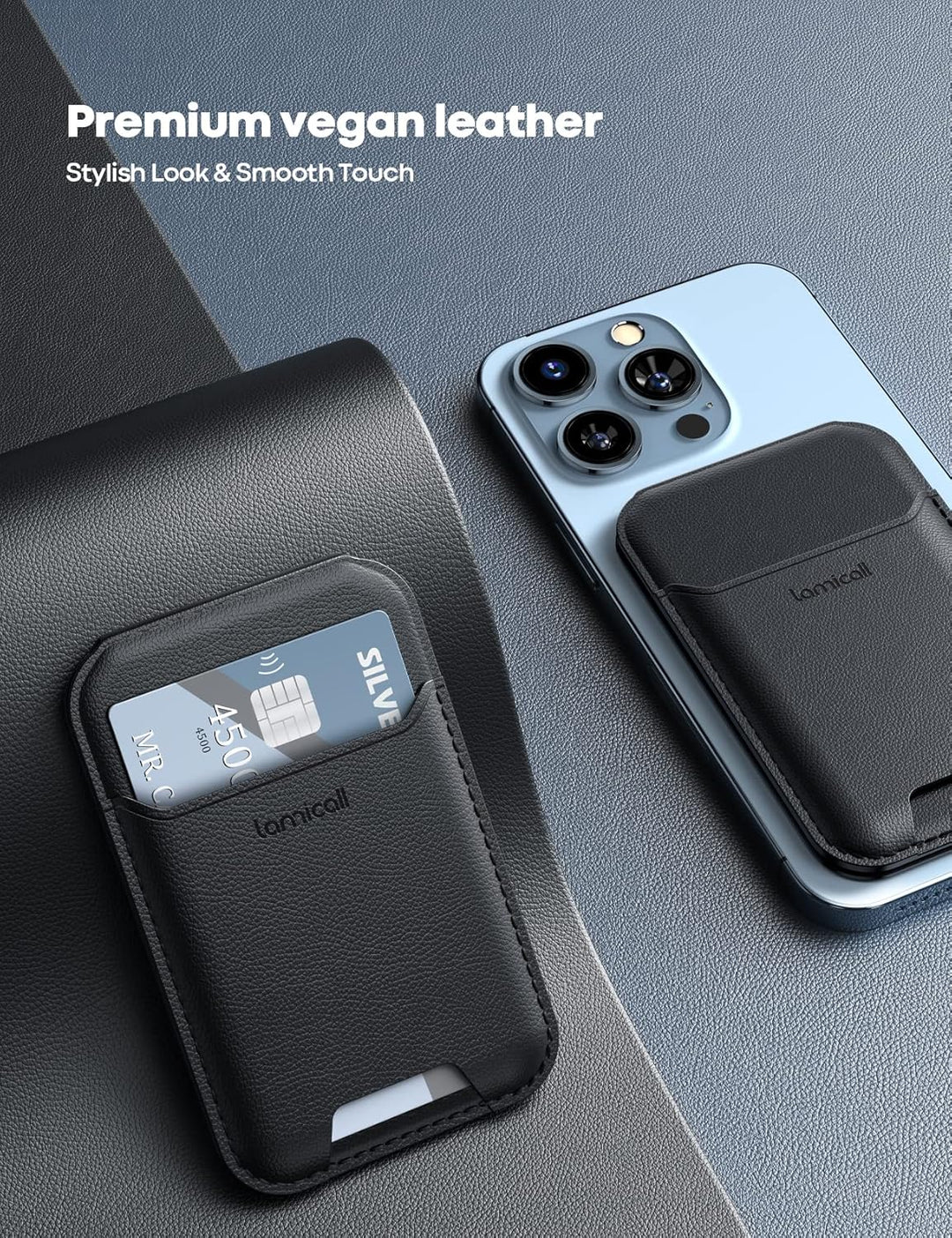 Lamicall Handy Kartenhalter für MagSafe Wallet - 2024 Vegan Leder Magnetischer Verstellbare Ständer,
