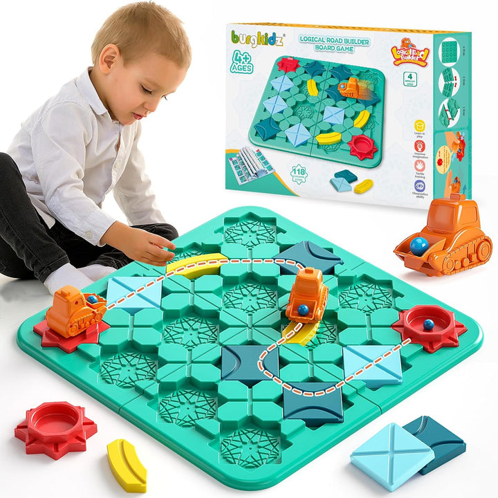 burgkidz Logischer Strassenbauer für Kinder, Logik Puzzle Labyrinth Brettspiele mit Auto Zurückziehe