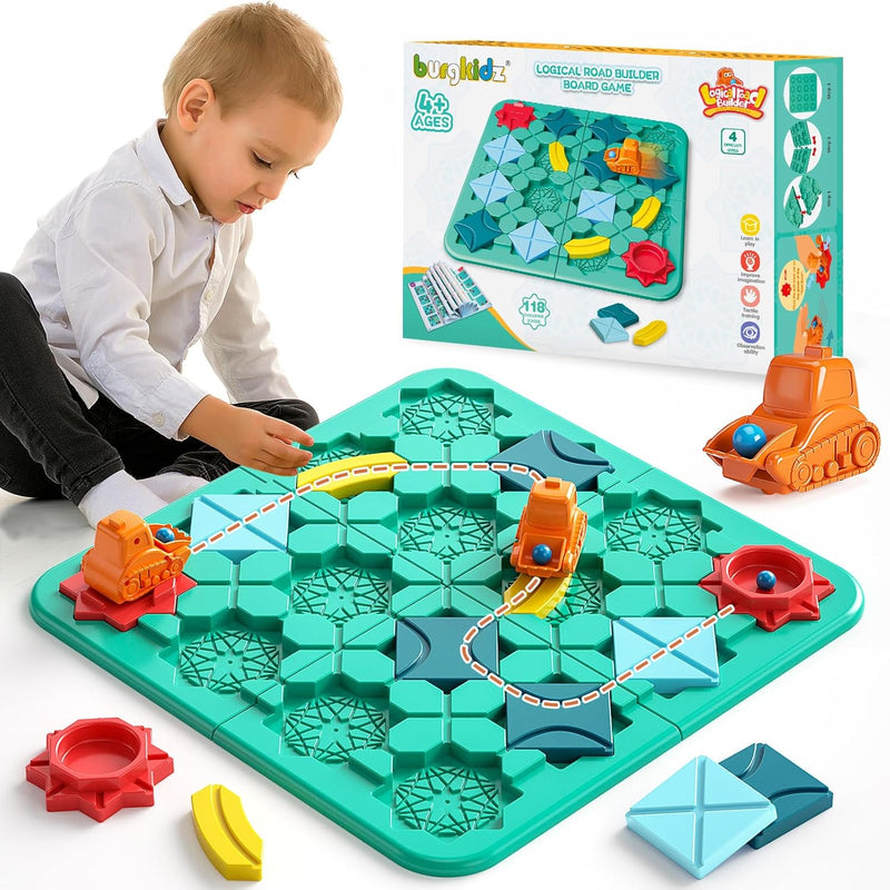 burgkidz Logischer Strassenbauer für Kinder, Logik Puzzle Labyrinth Brettspiele mit Auto Zurückziehe