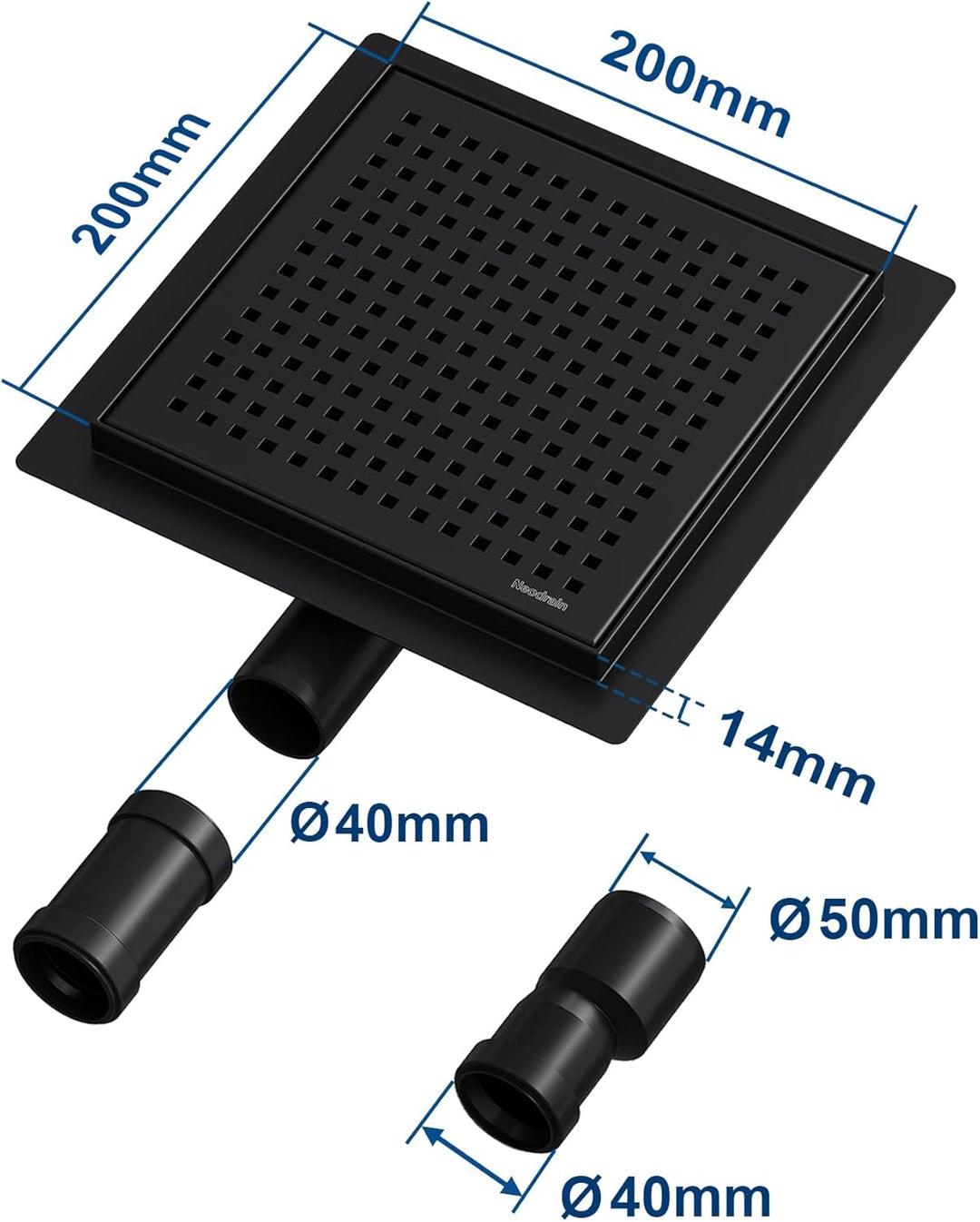 Neodrain Bodenablauf Edelstahl Duschrinne Quadrat Schwarz 20 x 20 cm Duschablauf mit 360° Siphon Ger