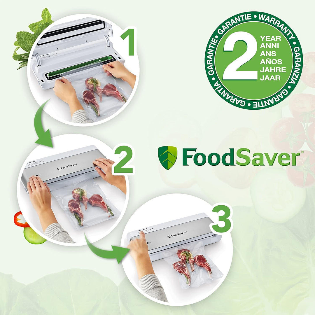 FoodSaver kompaktes Vakuumiergerät mit Handheld-Vakuumierer | 1 Rolle & 4 Beutel | Silber mit weisse