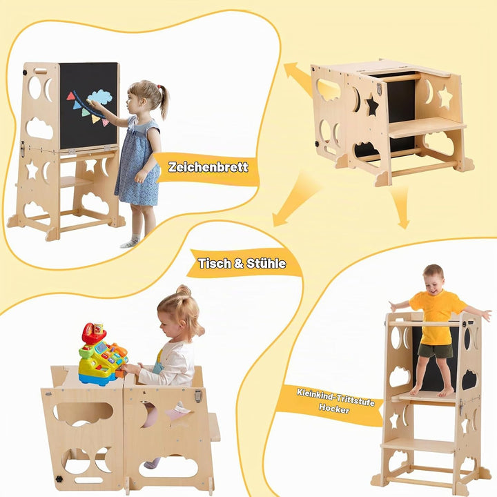 Montessori Lernturm für Kinder, 3 in 1 Learning Tower für Kinder Lernturm Klappbar Tritthocker mit T