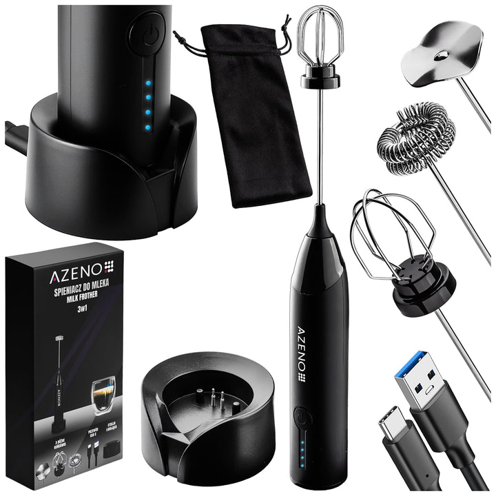 AZENO Elektrischer Milchaufschaeumer 3in1, akkubetrieben, USB-C, 3 Geschwindigkeitsstufen, 8 W, 600