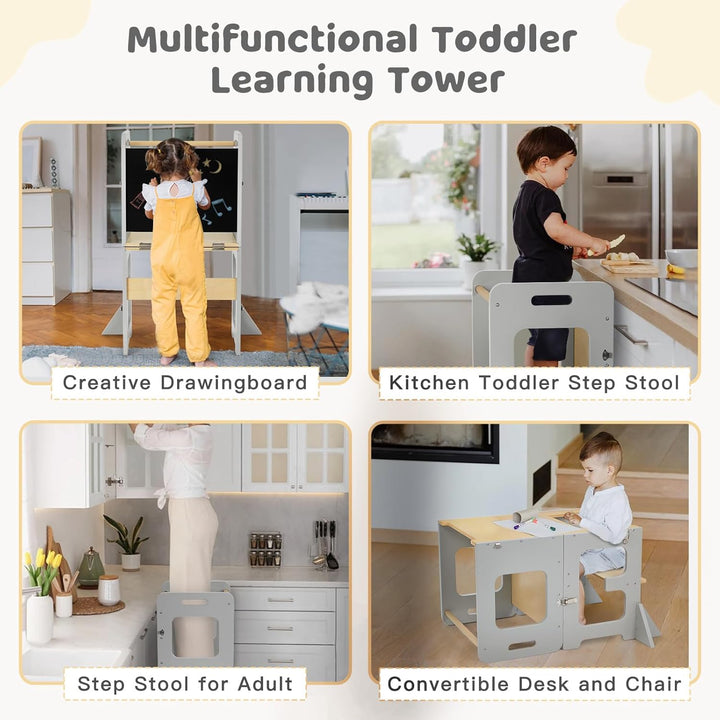 labebe Lernturm für Kinder, Montessori Learning Tower mit Tafel, Multifunktion 3 in 1 Faltbarer Lern