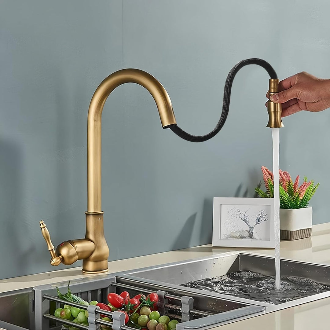 NIUKO Retro Küchenarmatur Ausziehbar, Wasserhahn Küche Messing Antik, Einhebel 360°Drehbar Spültisch