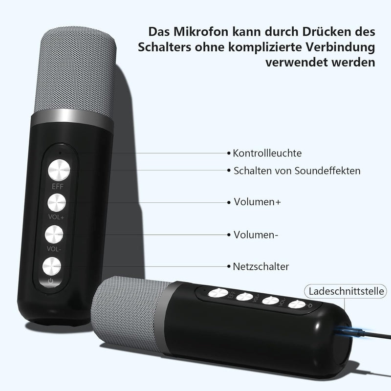 RUBEHOOW Karaoke-Maschine mit Zwei drahtlosen Mikrofonen, LED-Leuchten, wiederaufladbare Bluetooth-V