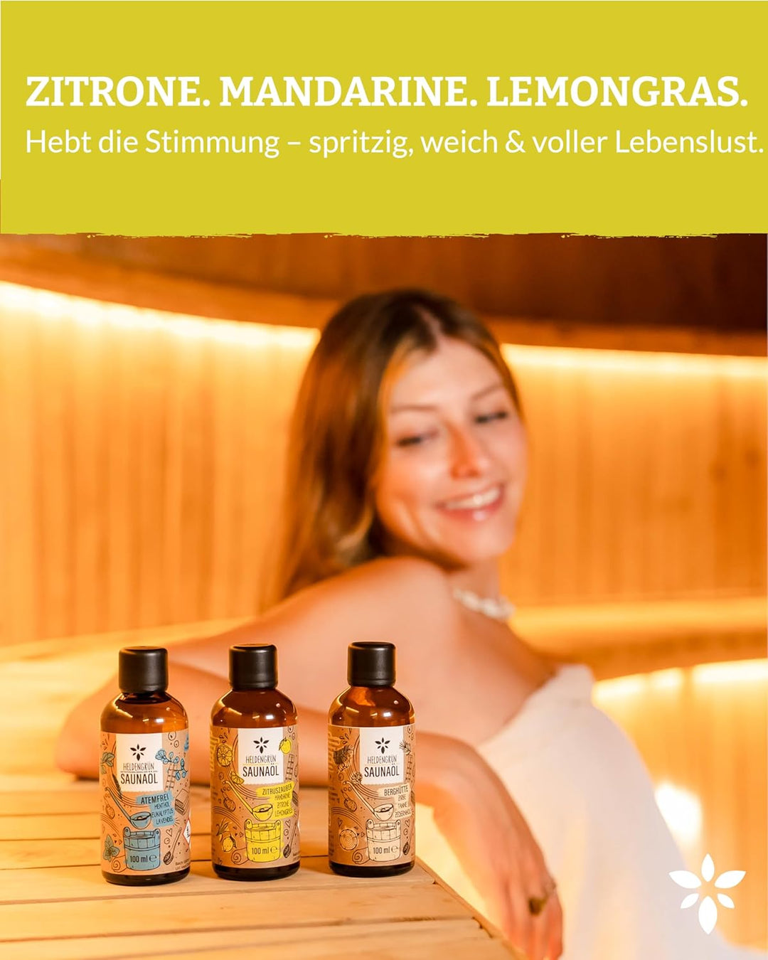 Heldengrün BIO Saunaaufguss Zitruszauber [ECHTE BIO-ÖLE] - Saunaöl mit Mandarine, Zitrone & Lemongra
