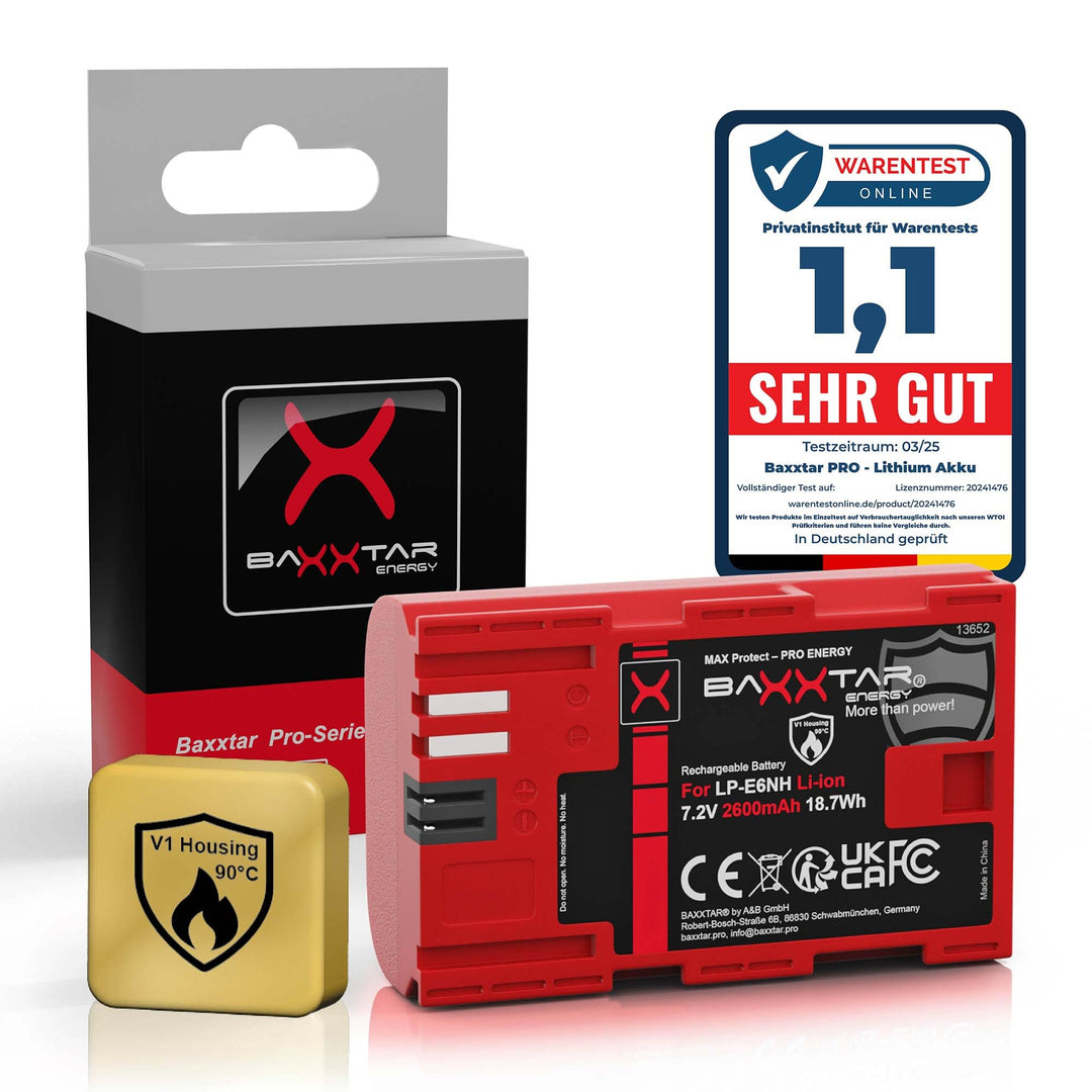 Baxxtar MaxProtect LP-E6NH Kamera-Akku (2400mAh) mit aktivem NTC-Sensor und V1 Schutzgehäuse - kompa