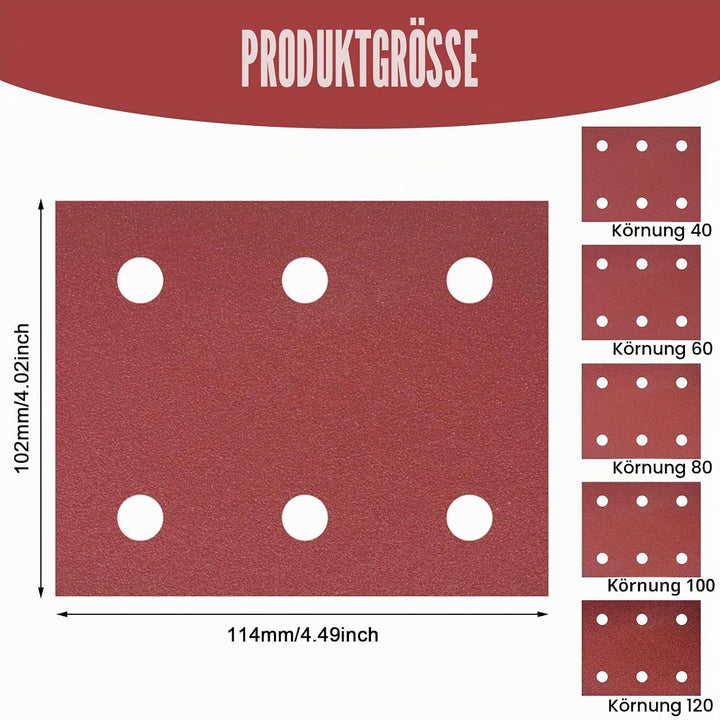 50 Stück Schleifpapiersatz, Schleifpapier Klett 102mm*114mm, 40/60/80/100/120 Körnung 6 Löcher Schle