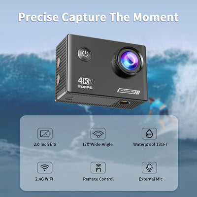 TIMNUT Action Cam 4K Unterwasserkamera 131ft,EIS 20MP Wasserdicht Actionkameras 170° Weitwinkel Helm