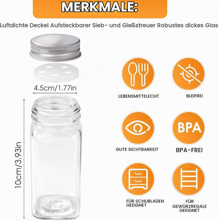 FoiiLiio Gewürzgläser Eckig Set mit SilbrigDeckel, 24er 120ml Gewürzbehälter Glas mit Streueinsatz,