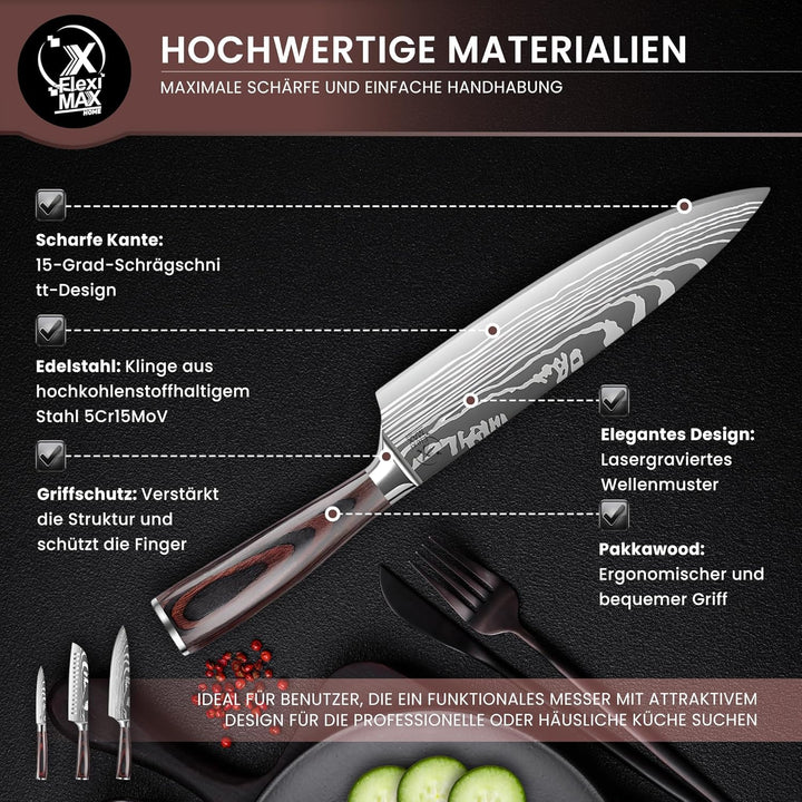 Küchenmesser Set von Küchenmessern: Chefmesser 8”, Santoku Messer 7”, Allzweckmesser 5” und Kartoffe