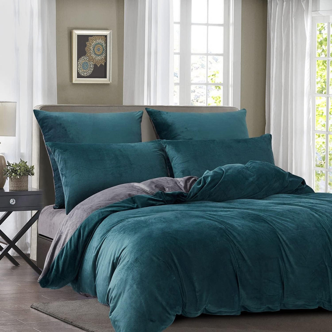 Damier Winter Bettwäsche 220x240cm Petrol Grau Plüsch Warme Bettwäsche Set 3 Teilig Flauschig Bettbe