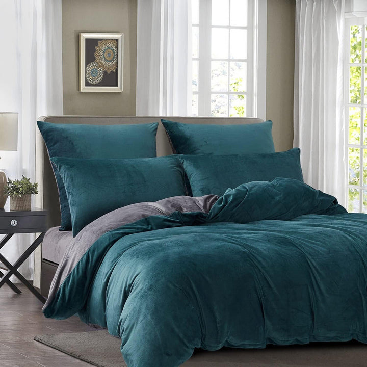 Damier Winter Bettwäsche 220x240cm Petrol Grau Plüsch Warme Bettwäsche Set 3 Teilig Flauschig Bettbe