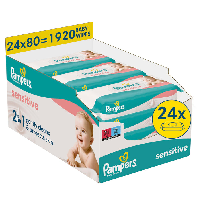 Pampers Sensitive Baby-Feuchttücher, 24 Packungen mit 80 Feuchttüchern 1920 Baby-Feuchttücher, 2-in-
