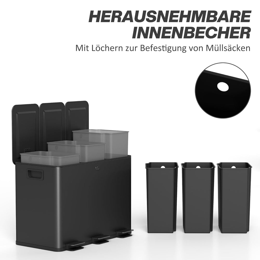HOMCOM Mülleimer Küche 3 x 15 L Treteimer mit Softclose-Deckel und Pedal Mülltrennsystem 3 Fächer in