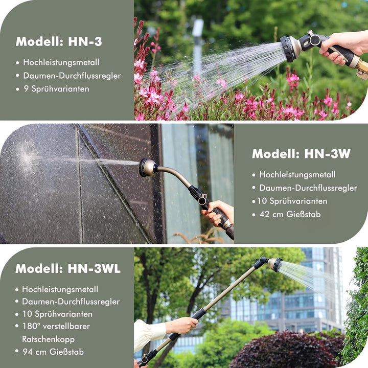 RESTMO 42cm Garten Giessstab Metall, Robuste Gartenbrause mit 10 Sprühmustern | Daumenflusskontrolle