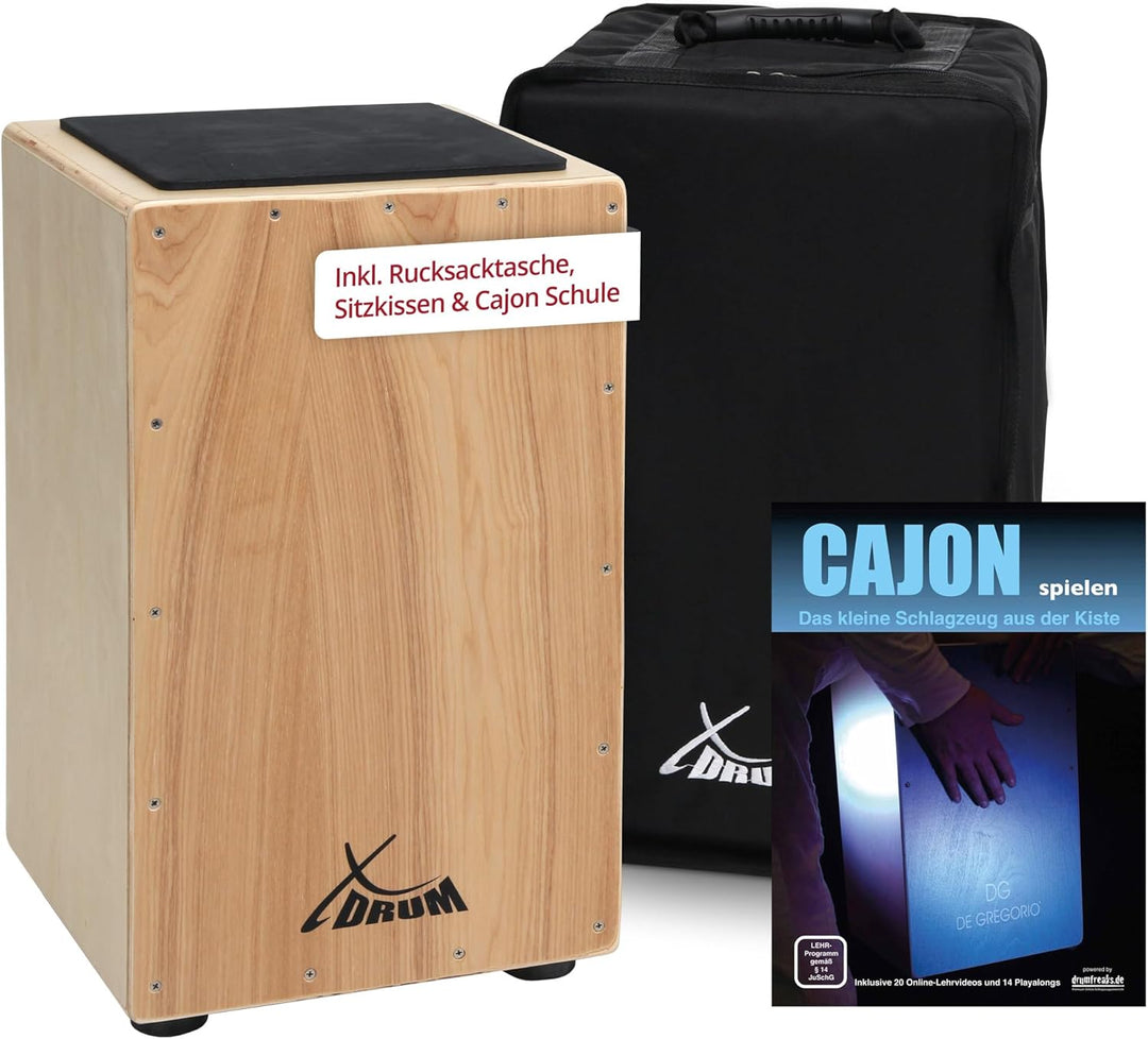 XDrum Cajon Primero Natur - Kistentrommel inkl. Rucksacktasche und Schule - Trommelkiste mit Snare S