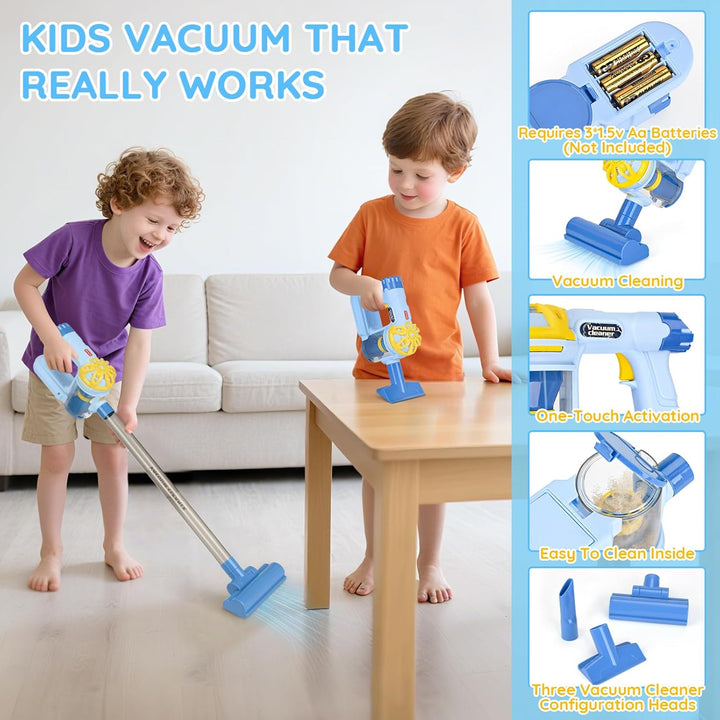 Dreamon Kinderstaubsauger Mit Saug und Soundfunktion, 11 PCS Putzset Kinder Holzspielzeug, Kinderbes