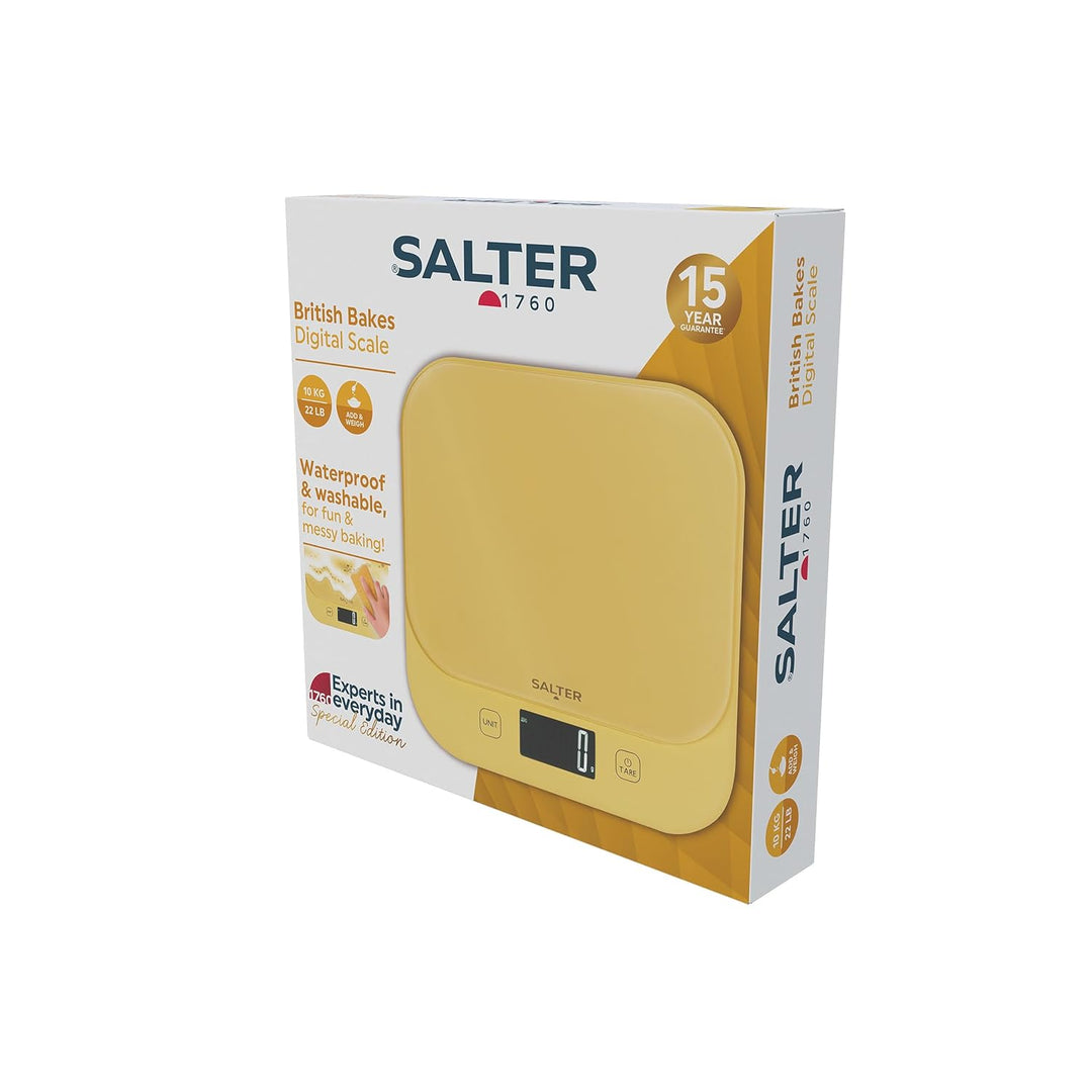 Salter British Bakes Digitale Küchenwaage – Hohe 10kg Kapazität, misst Flüssigkeiten, wasserdicht, T