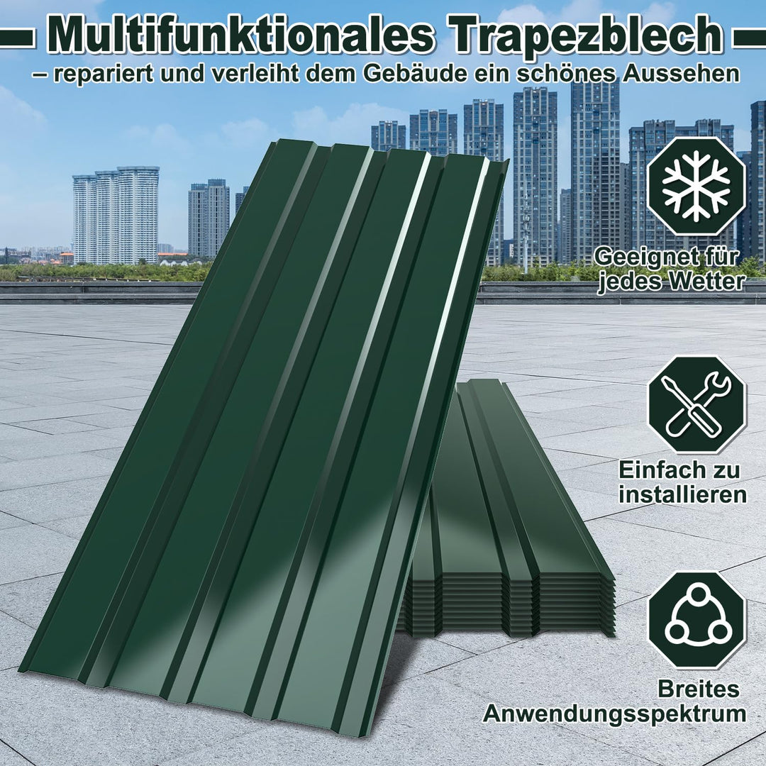 Vkechh 12er Set Wellblech Dachplatten in Grün – Verzinkter Stahl für Carports und Garagen, wetterbes