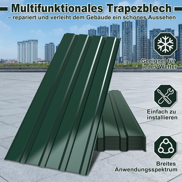Vkechh 12er Set Wellblech Dachplatten in Grün – Verzinkter Stahl für Carports und Garagen, wetterbes