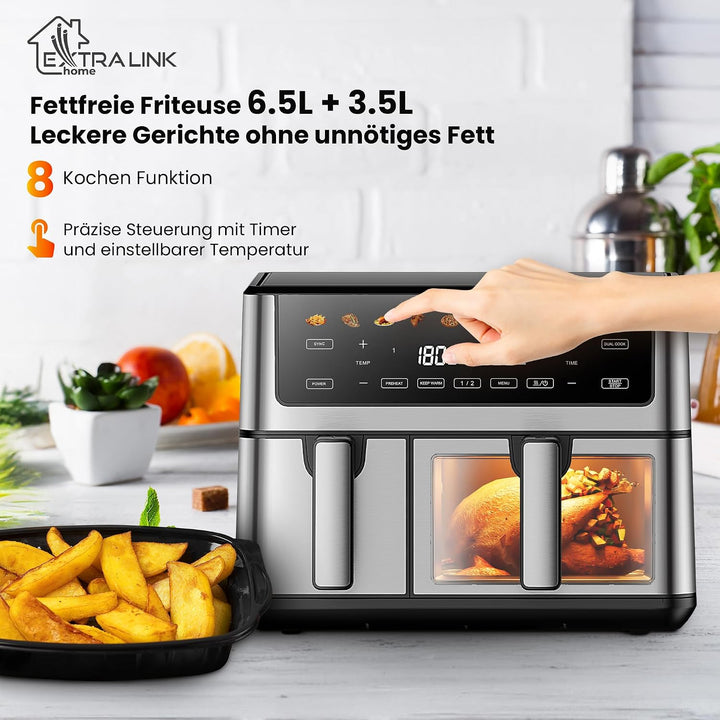 Extralink Heissluftfritteuse 2 Kammern 10L (6L+3.5L) – 2500W Doppelkammer Airfryer mit 8 Kochprogram