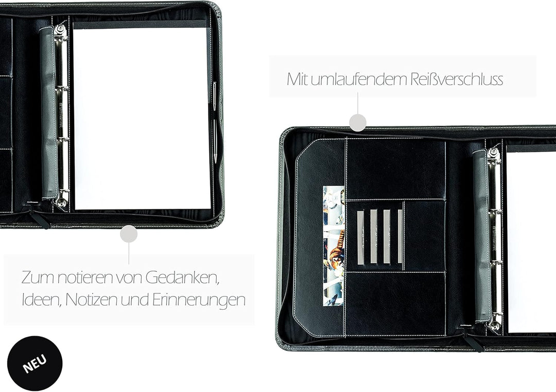 DELMON VARONE - Ringbuch-Ordner DIN A4 mit Reissverschluss inkl. Schreibblock veganem Eco Kunstleder