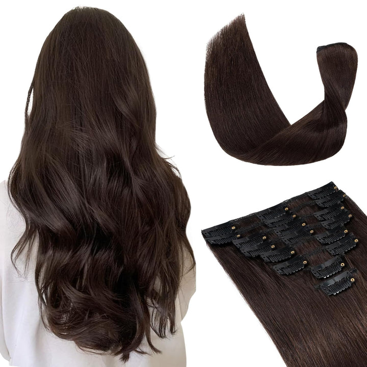 TESS 50 cm Clip in Extensions Echthaar Dunkelbraun 8 PCS Hair Extensions Clip in Echthaar 70g Braun