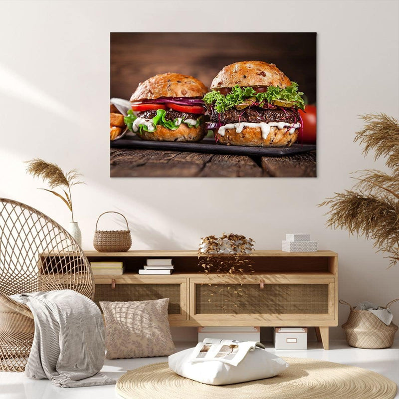 Bilder auf Leinwand 100x70cm Leinwandbild Amerikaner Hamburger Essen Barbecue Gross Wanddeko Bild Sc