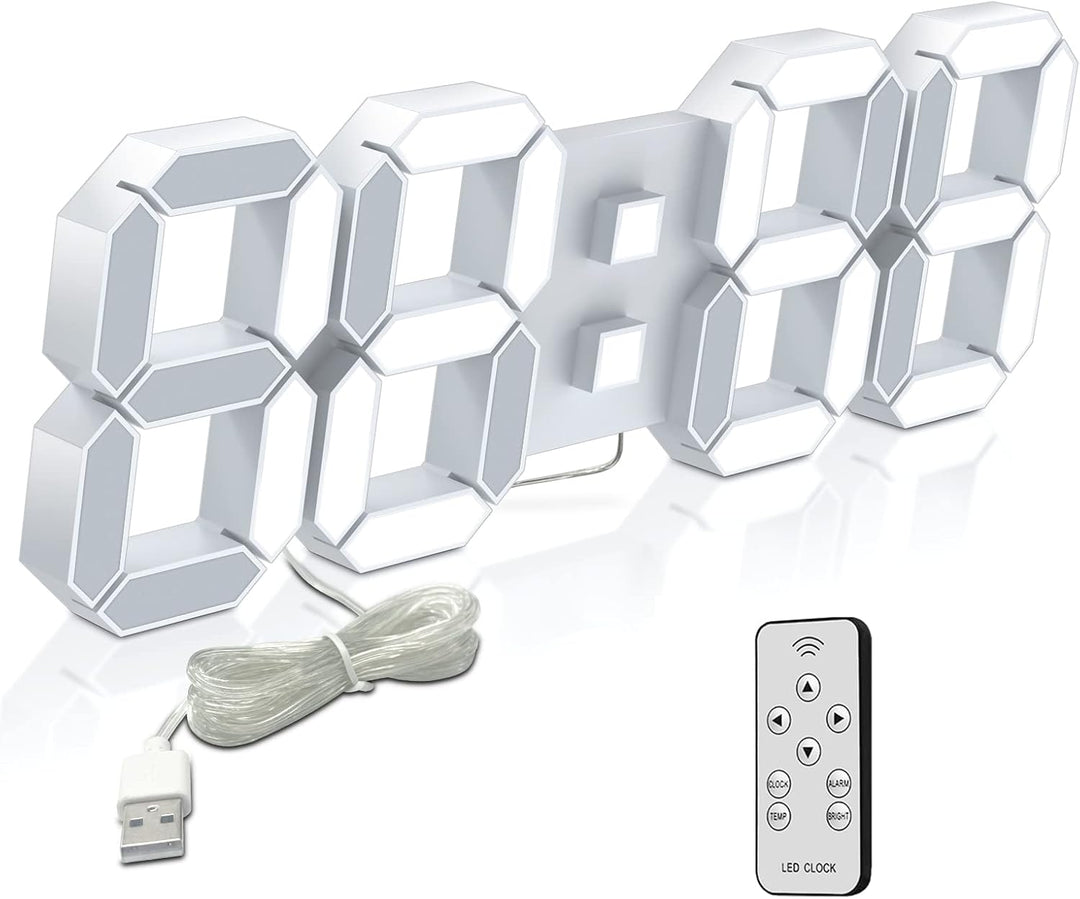 Deeyaple LED Wanduhr Digital Gross Wecker 3D Uhr Dimmbar Snooze USB 12/24Stunden Datum Temperaturanz