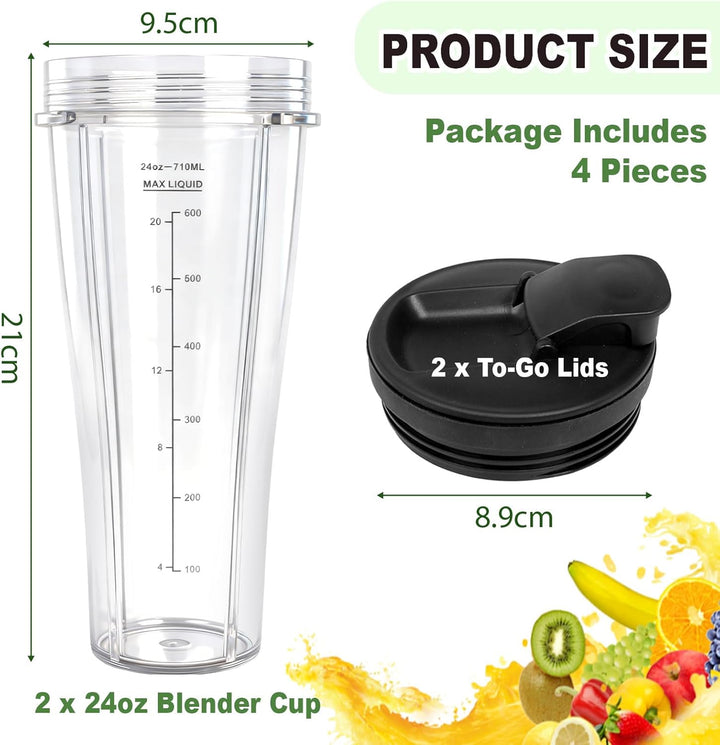 2er Pack 24oz Ersatzbecher kompatibel mit Ninja Blender – Smoothie Becher mit Deckel & Reinigungsbür
