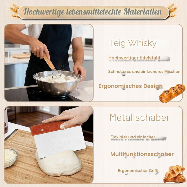 Gärkörbchen,Brot Gärkorb Set,23cm Rund & 25cm Oval Brotkörbchen,100% Natürlichem Rattan, inkl. Teigs