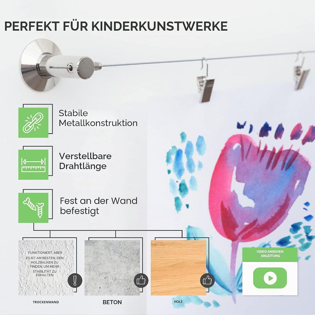 Kinder-Kunstdisplay für Wand (48 Clips – 3 m Draht) Kunstwerk Display für Kinder Kunst – Kunsthänges