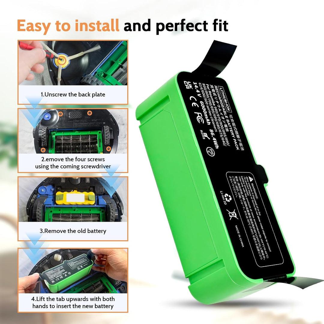 6000mAh Ersatzakku Kompatibel für iRobot Roomba 500 600 600 700 800 900 Serie für Roomba 960 981 970